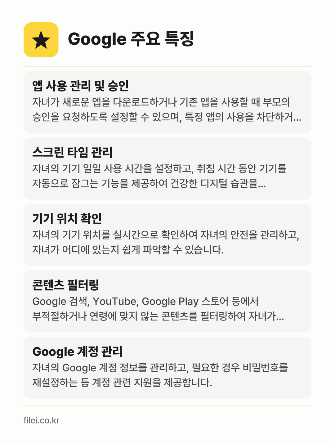 Google 주요 특징: 앱 사용 관리 및 승인, 스크린 타임 관리, 기기 위치 확인, 콘텐츠 필터링, Google 계정 관리