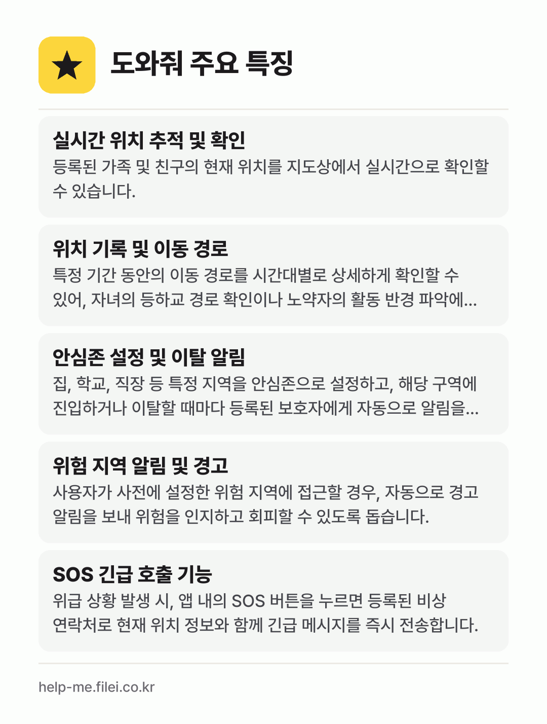 도와줘 주요 특징: 실시간 위치 추적 및 확인, 위치 기록 및 이동 경로, 안심존 설정 및 이탈 알림, 위험 지역 알림 및 경고, SOS 긴급 호출 기능