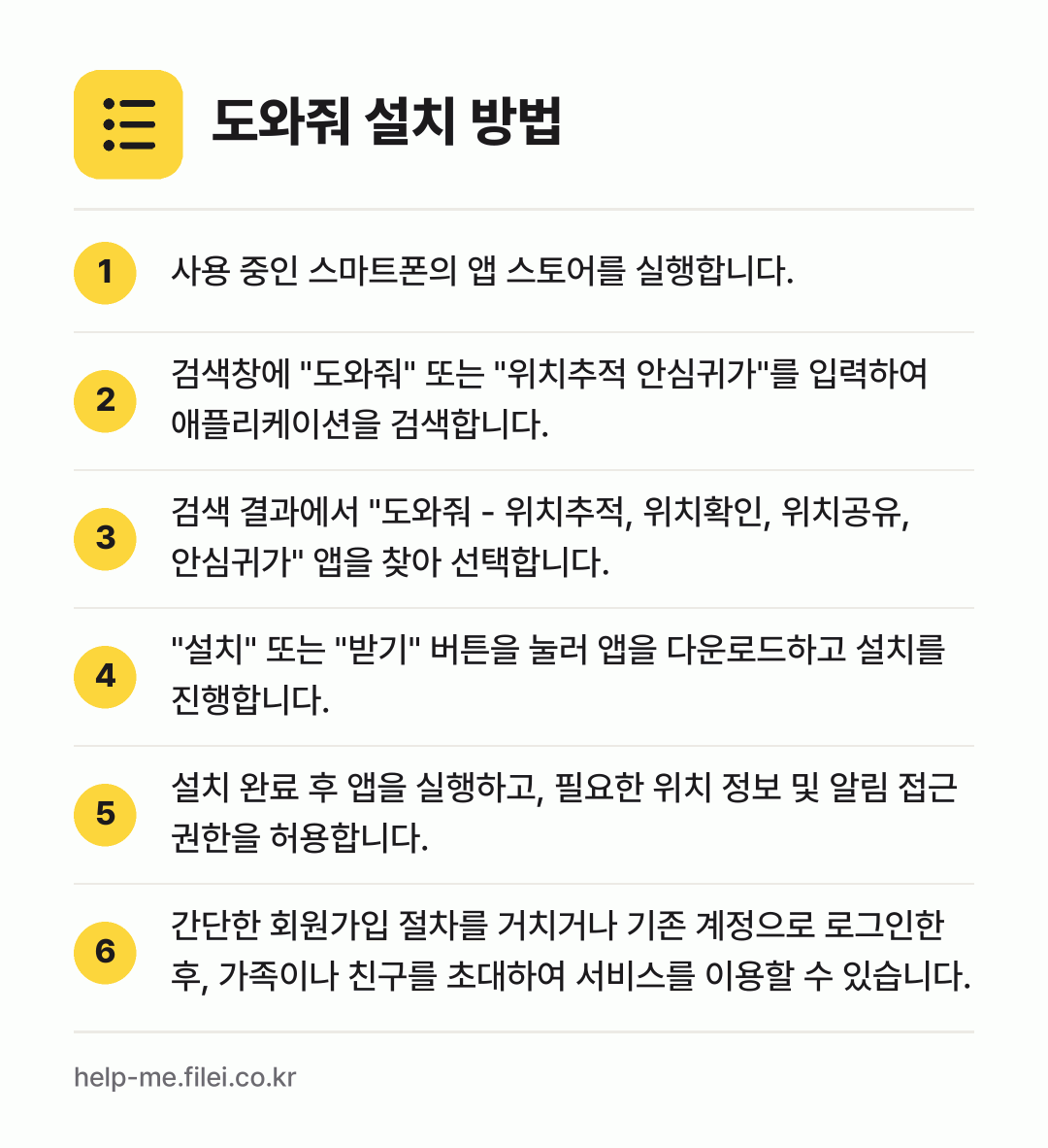 도와줘 설치 방법: 사용 중인 스마트폰의 앱 스토어를 실행합니… → 검색창에 "도와줘" 또는 "위치추적 안심귀… → 검색 결과에서 "도와줘 - 위치추적, 위치… → "설치" 또는 "받기" 버튼을 눌러 앱을… → 설치 완료 후 앱을 실행하고, 필요한 위치… → 간단한 회원가입 절차를 거치거나 기존 계정…
