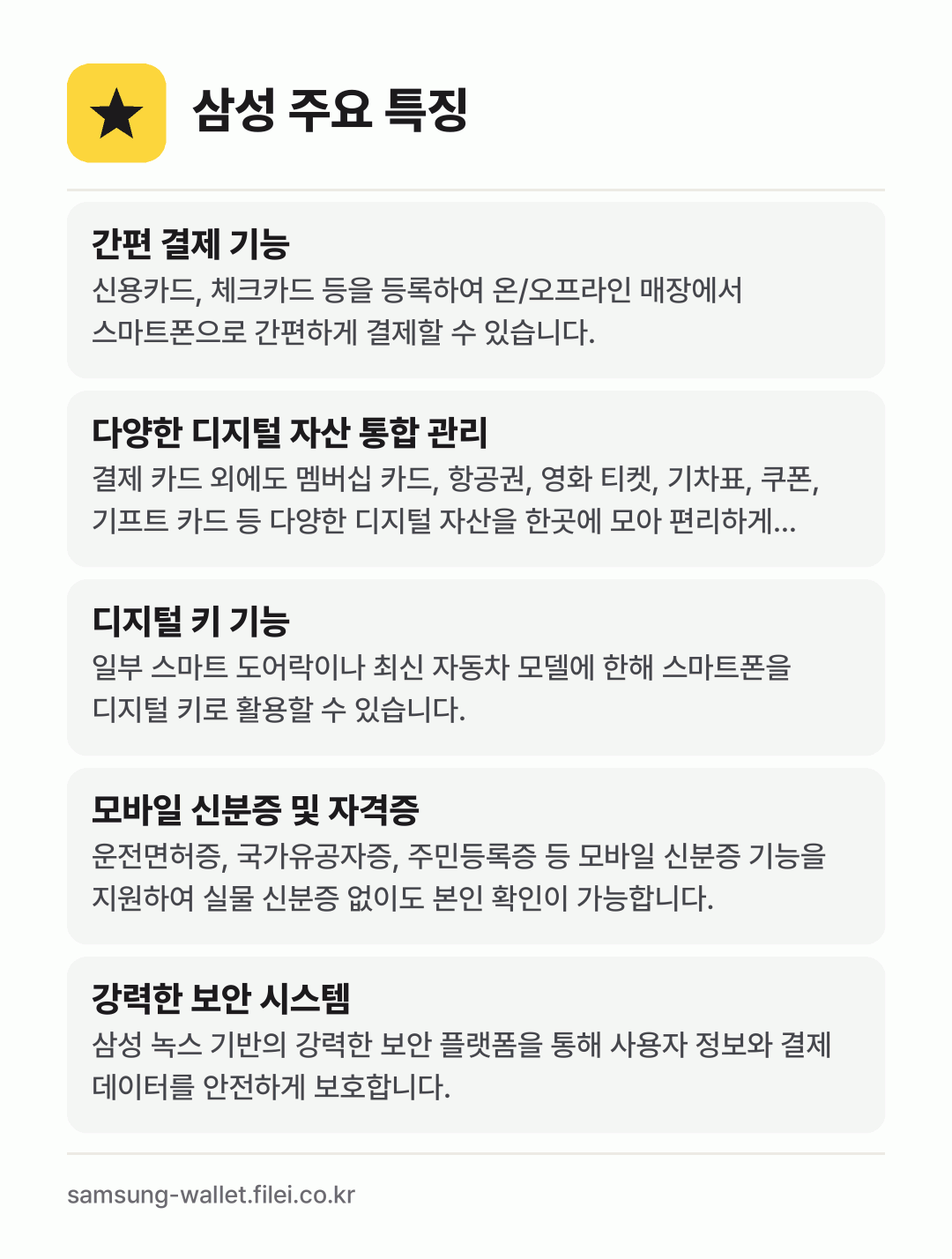 삼성 주요 특징: 간편 결제 기능, 다양한 디지털 자산 통합 관리, 디지털 키 기능, 모바일 신분증 및 자격증, 강력한 보안 시스템