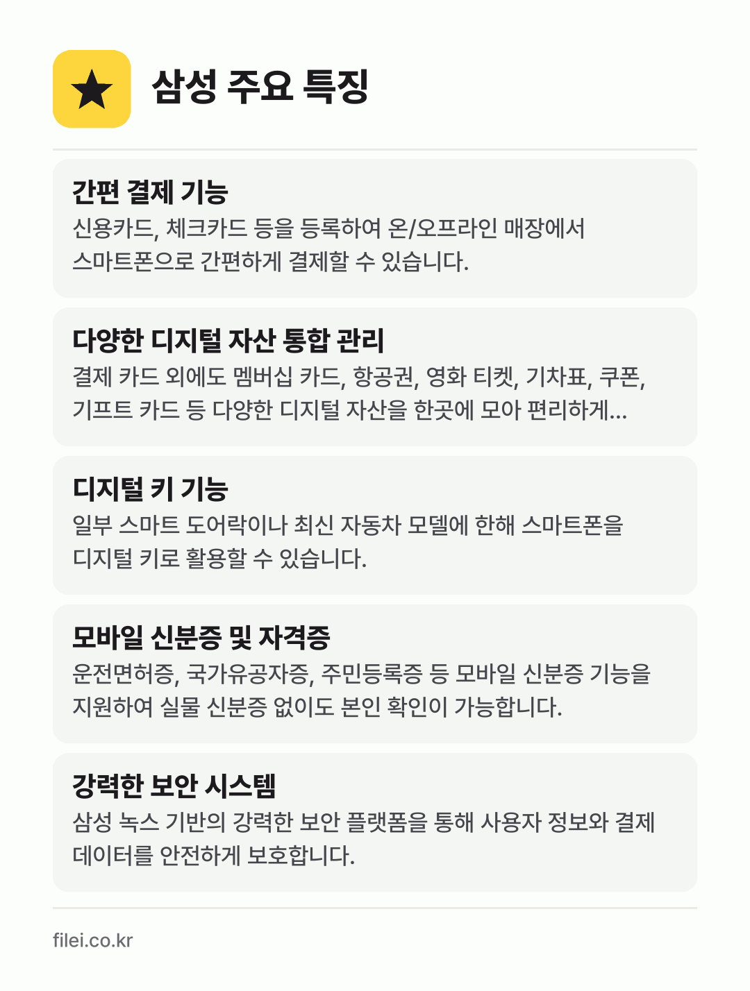 삼성 주요 특징: 간편 결제 기능, 다양한 디지털 자산 통합 관리, 디지털 키 기능, 모바일 신분증 및 자격증, 강력한 보안 시스템