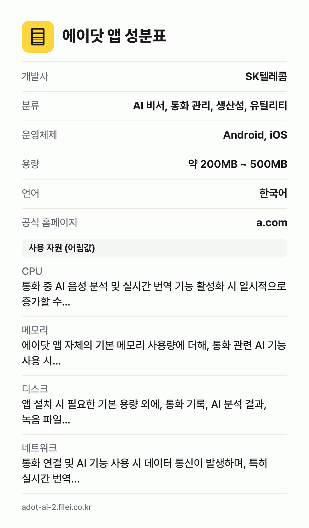 에이닷 앱 성분표: 개발사 SK텔레콤, 분류 AI 비서, 통화 관리, 생산성, 유틸리티, 운영체제 Android, iOS, 용량 약 200MB ~ 500MB, 언어 한국어