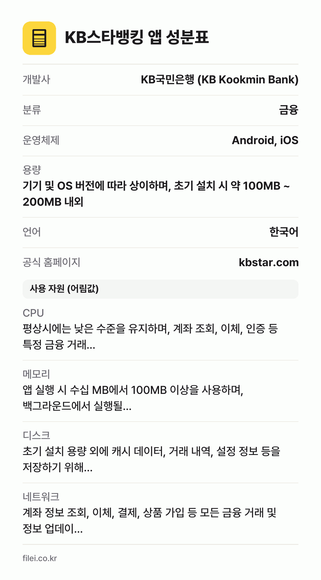 KB스타뱅킹 앱 성분표: 개발사 KB국민은행 (KB Kookmin Bank), 분류 금융, 운영체제 Android, iOS, 용량 기기 및 OS 버전에 따라 상이하며, 초기 설치 시 약 100MB ~ 200MB 내외, 언어 한국어
