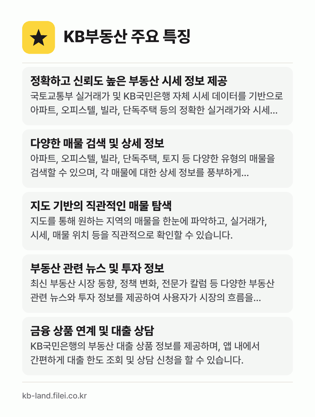 KB부동산 주요 특징: 정확하고 신뢰도 높은 부동산 시세 정보 제공, 다양한 매물 검색 및 상세 정보, 지도 기반의 직관적인 매물 탐색, 부동산 관련 뉴스 및 투자 정보, 금융 상품 연계 및 대출 상담