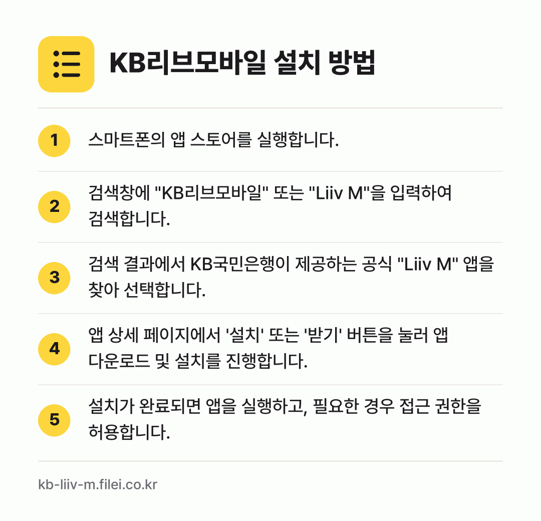 KB리브모바일 설치 방법: 스마트폰의 앱 스토어를 실행합니다. → 검색창에 "KB리브모바일" 또는 "Liiv… → 검색 결과에서 KB국민은행이 제공하는 공식… → 앱 상세 페이지에서 '설치' 또는 '받기'… → 설치가 완료되면 앱을 실행하고, 필요한 경…
