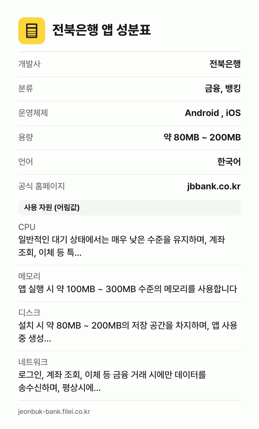 전북은행 앱 성분표: 개발사 전북은행, 분류 금융, 뱅킹, 운영체제 Android , iOS, 용량 약 80MB ~ 200MB, 언어 한국어