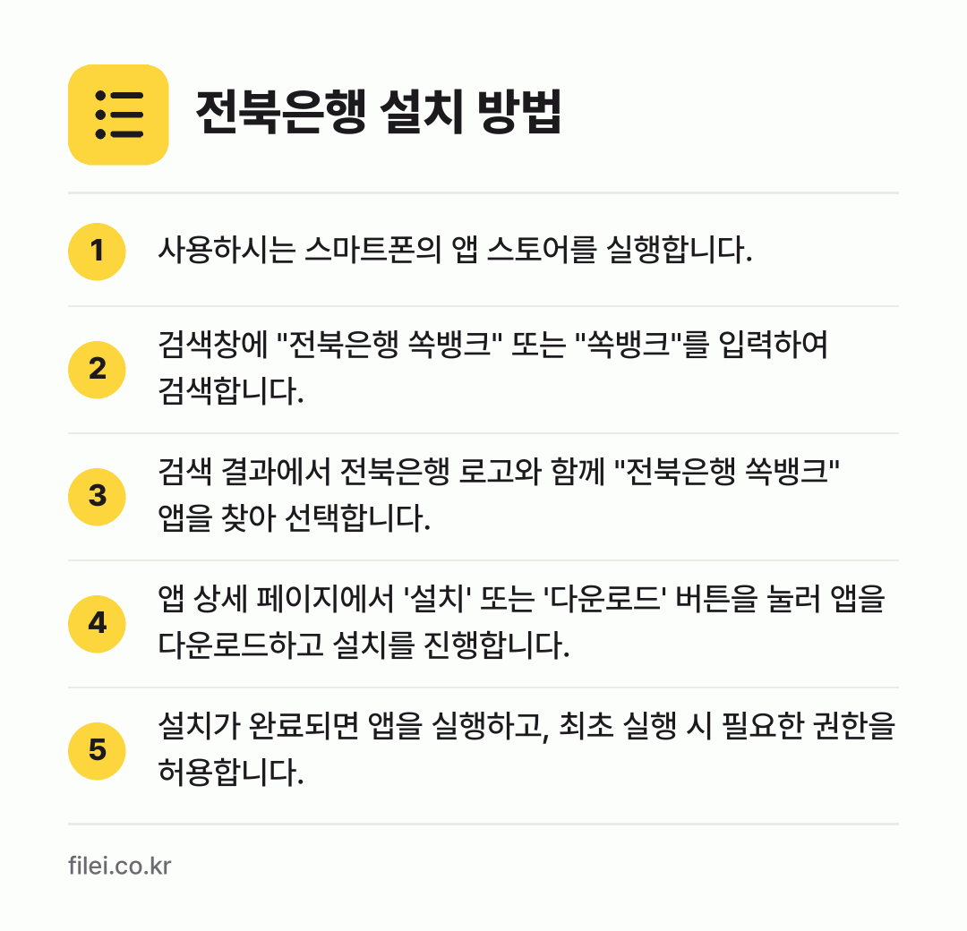 전북은행 설치 방법: 사용하시는 스마트폰의 앱 스토어를 실행합니… → 검색창에 "전북은행 쏙뱅크" 또는 "쏙뱅크… → 검색 결과에서 전북은행 로고와 함께 "전북… → 앱 상세 페이지에서 '설치' 또는 '다운로… → 설치가 완료되면 앱을 실행하고, 최초 실행…
