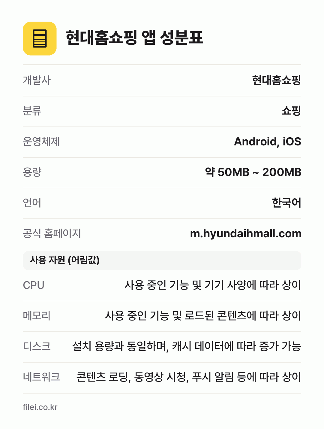 현대홈쇼핑 앱 성분표: 개발사 현대홈쇼핑, 분류 쇼핑, 운영체제 Android, iOS, 용량 약 50MB ~ 200MB, 언어 한국어