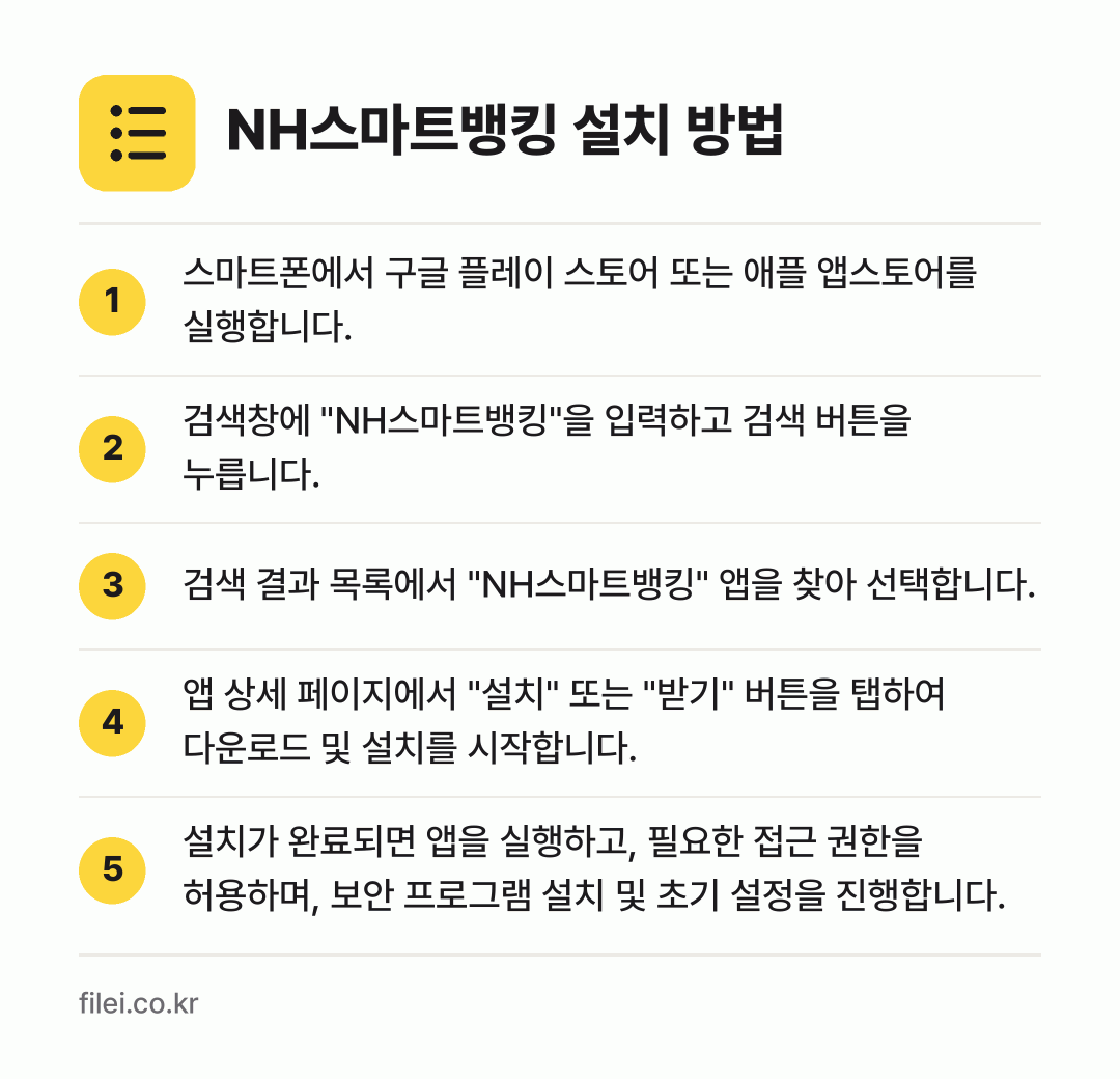 NH스마트뱅킹 설치 방법: 스마트폰에서 구글 플레이 스토어 또는 애플… → 검색창에 "NH스마트뱅킹"을 입력하고 검색… → 검색 결과 목록에서 "NH스마트뱅킹" 앱을… → 앱 상세 페이지에서 "설치" 또는 "받기"… → 설치가 완료되면 앱을 실행하고, 필요한 접…