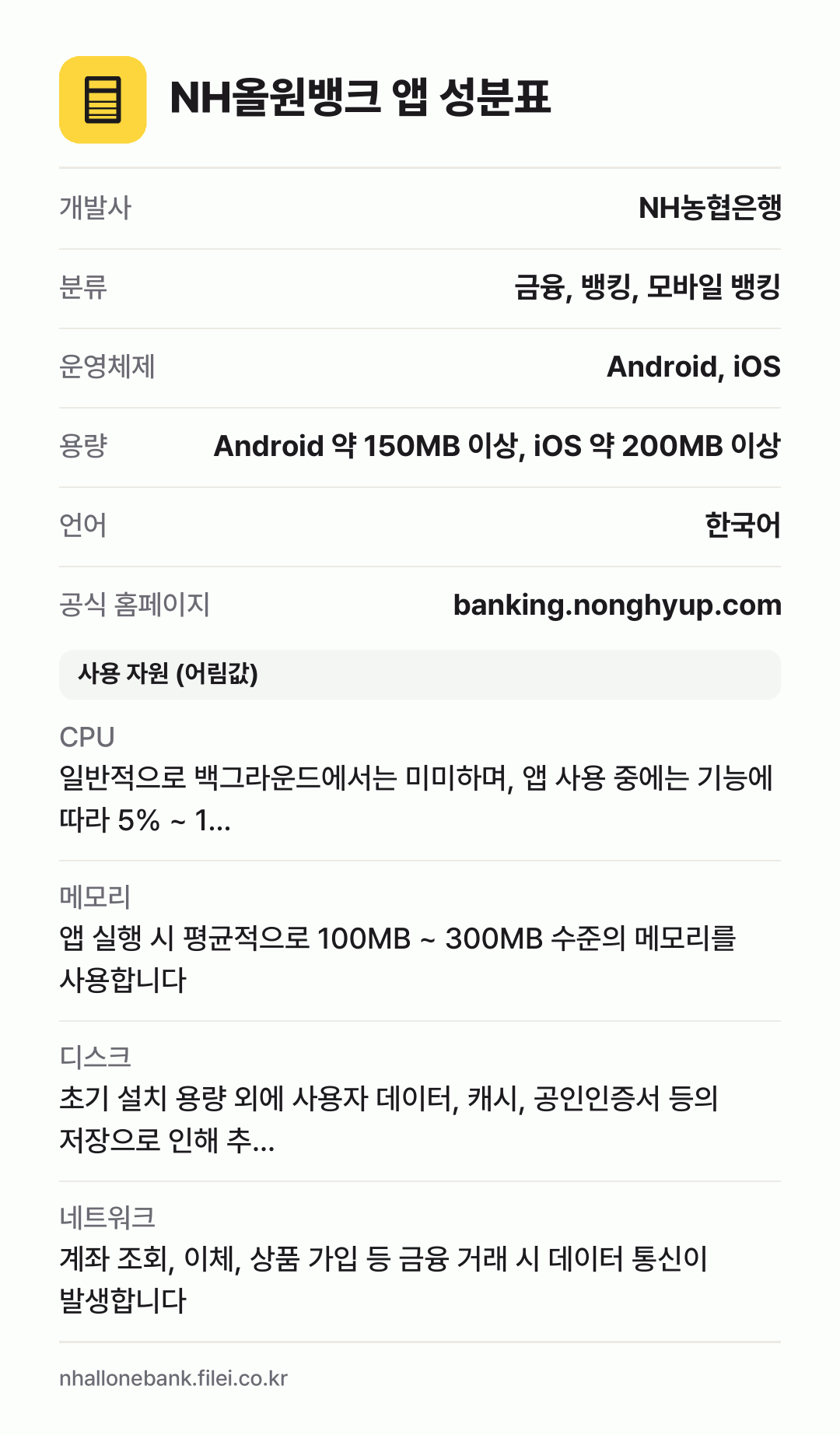NH올원뱅크 앱 성분표: 개발사 NH농협은행, 분류 금융, 뱅킹, 모바일 뱅킹, 운영체제 Android, iOS, 용량 Android 약 150MB 이상, iOS 약 200MB 이상, 언어 한국어