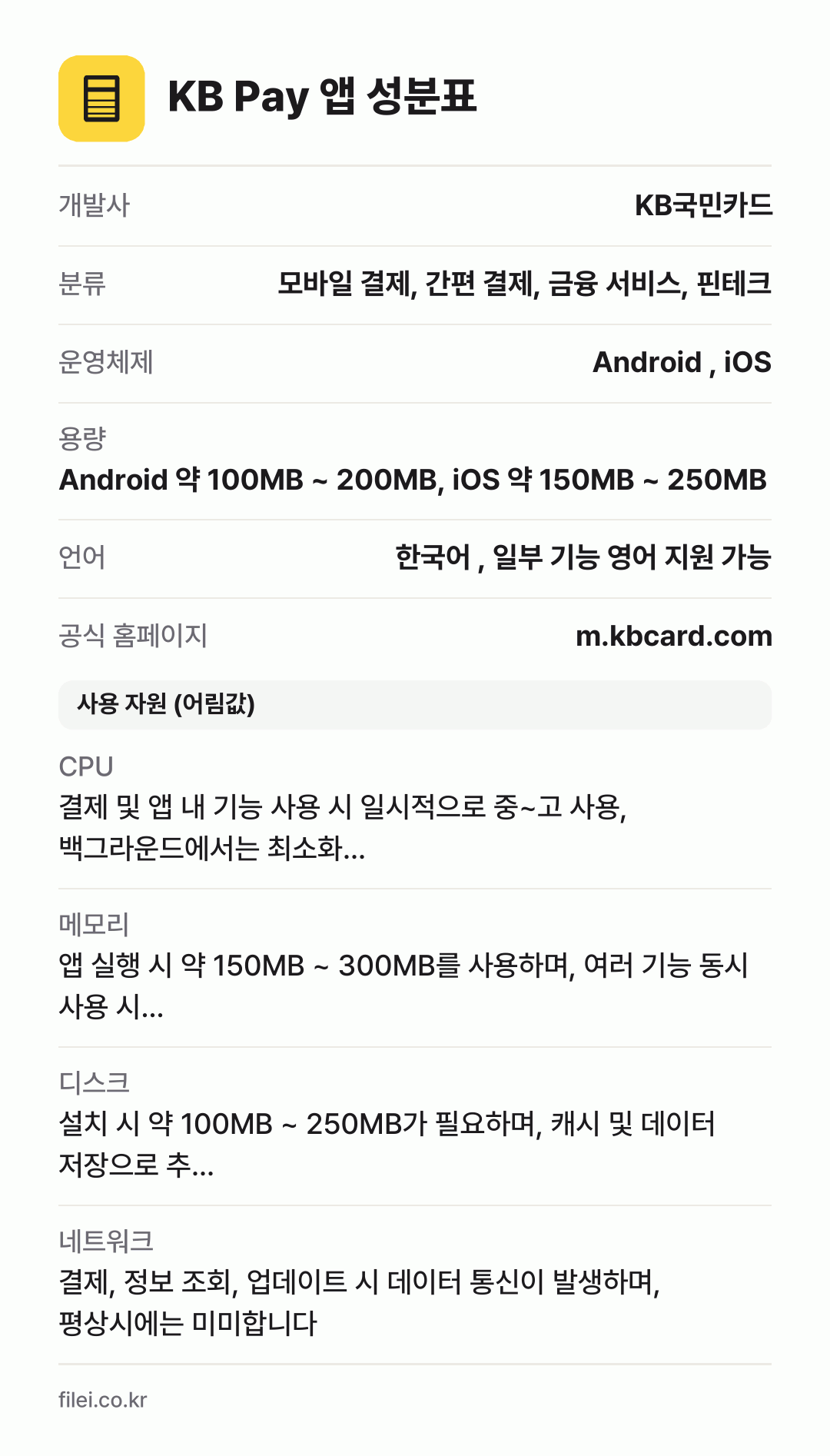 KB Pay 앱 성분표: 개발사 KB국민카드, 분류 모바일 결제, 간편 결제, 금융 서비스, 핀테크, 운영체제 Android , iOS, 용량 Android 약 100MB ~ 200MB, iOS 약 150MB ~ 250MB, 언어 한국어 , 일부 기능 영어 지원 가능