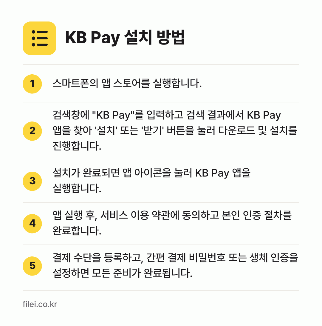 KB Pay 설치 방법: 스마트폰의 앱 스토어를 실행합니다. → 검색창에 "KB Pay"를 입력하고 검색… → 설치가 완료되면 앱 아이콘을 눌러 KB P… → 앱 실행 후, 서비스 이용 약관에 동의하고… → 결제 수단을 등록하고, 간편 결제 비밀번호…