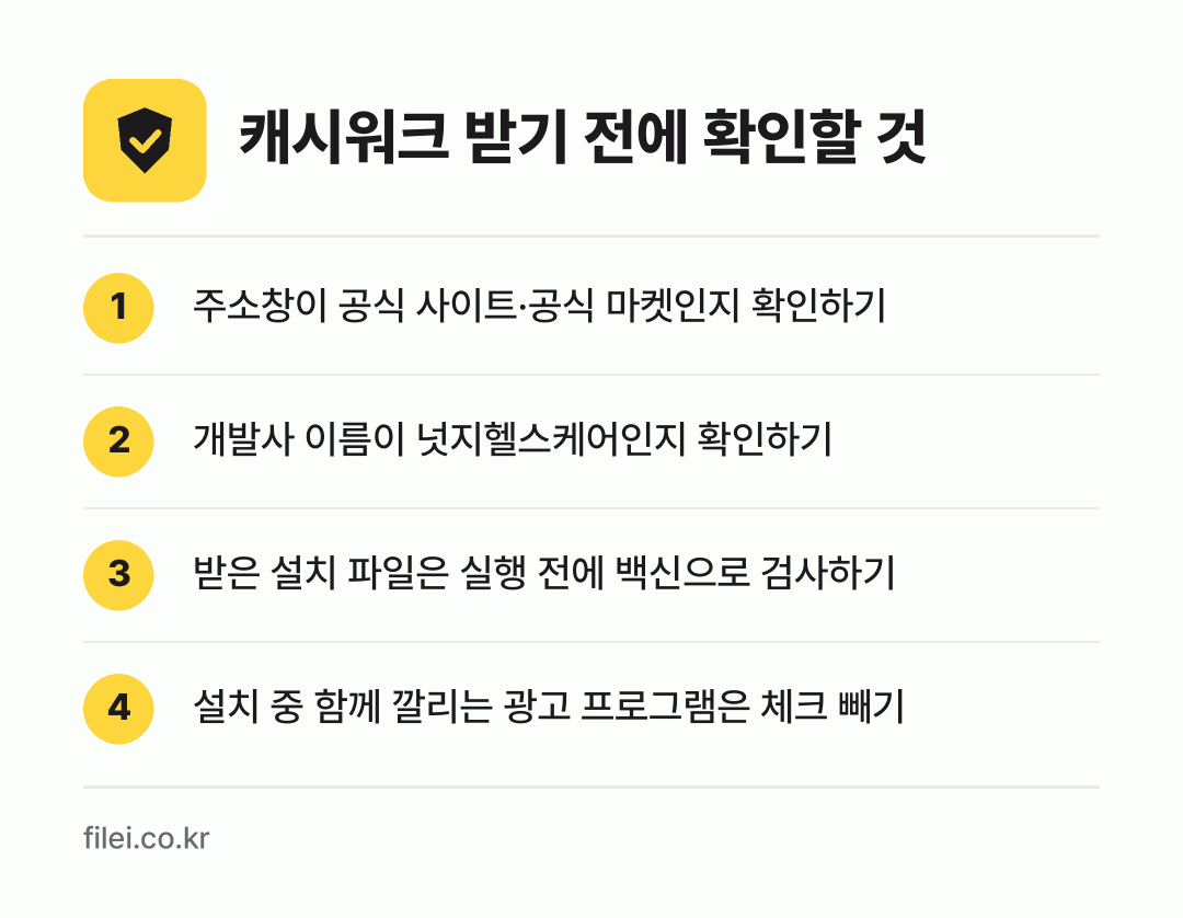 캐시워크 받기 전에 확인할 것: 주소창이 공식 사이트·공식 마켓인지 확인하기, 개발사 이름이 넛지헬스케어인지 확인하기, 받은 설치 파일은 실행 전에 백신으로 검사하기, 설치 중 함께 깔리는 광고 프로그램은 체크 빼기