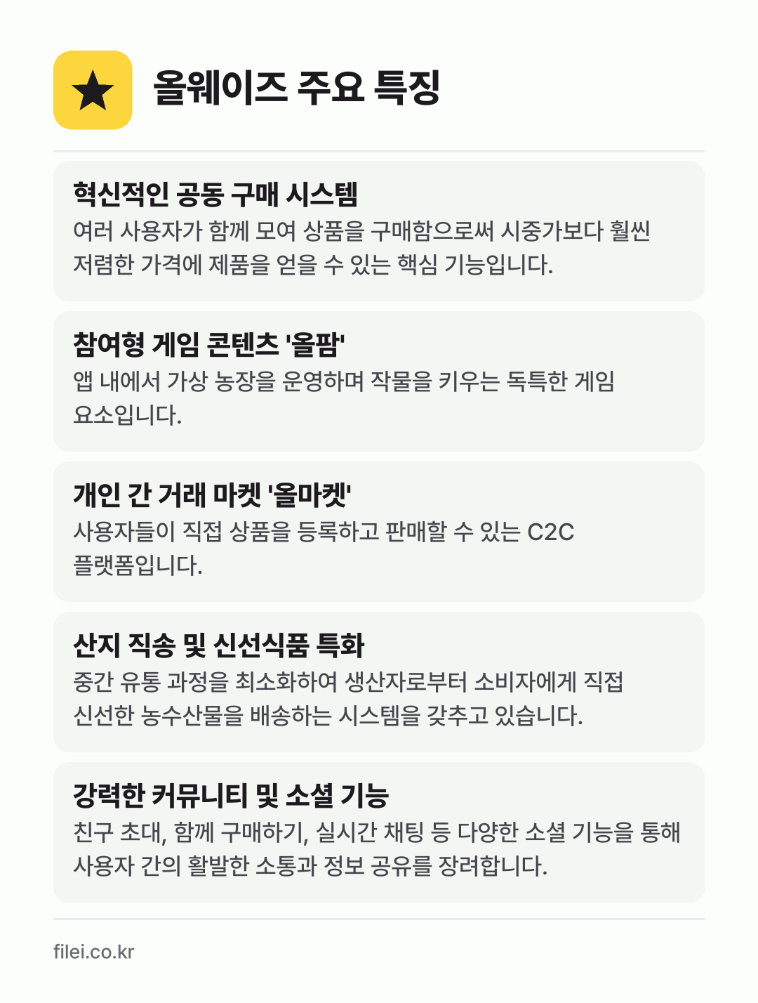 올웨이즈 주요 특징: 혁신적인 공동 구매 시스템, 참여형 게임 콘텐츠 '올팜', 개인 간 거래 마켓 '올마켓', 산지 직송 및 신선식품 특화, 강력한 커뮤니티 및 소셜 기능