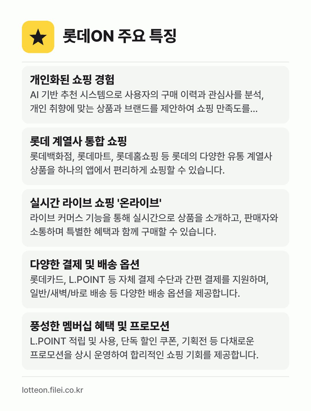 롯데ON 주요 특징: 개인화된 쇼핑 경험, 롯데 계열사 통합 쇼핑, 실시간 라이브 쇼핑 '온라이브', 다양한 결제 및 배송 옵션, 풍성한 멤버십 혜택 및 프로모션