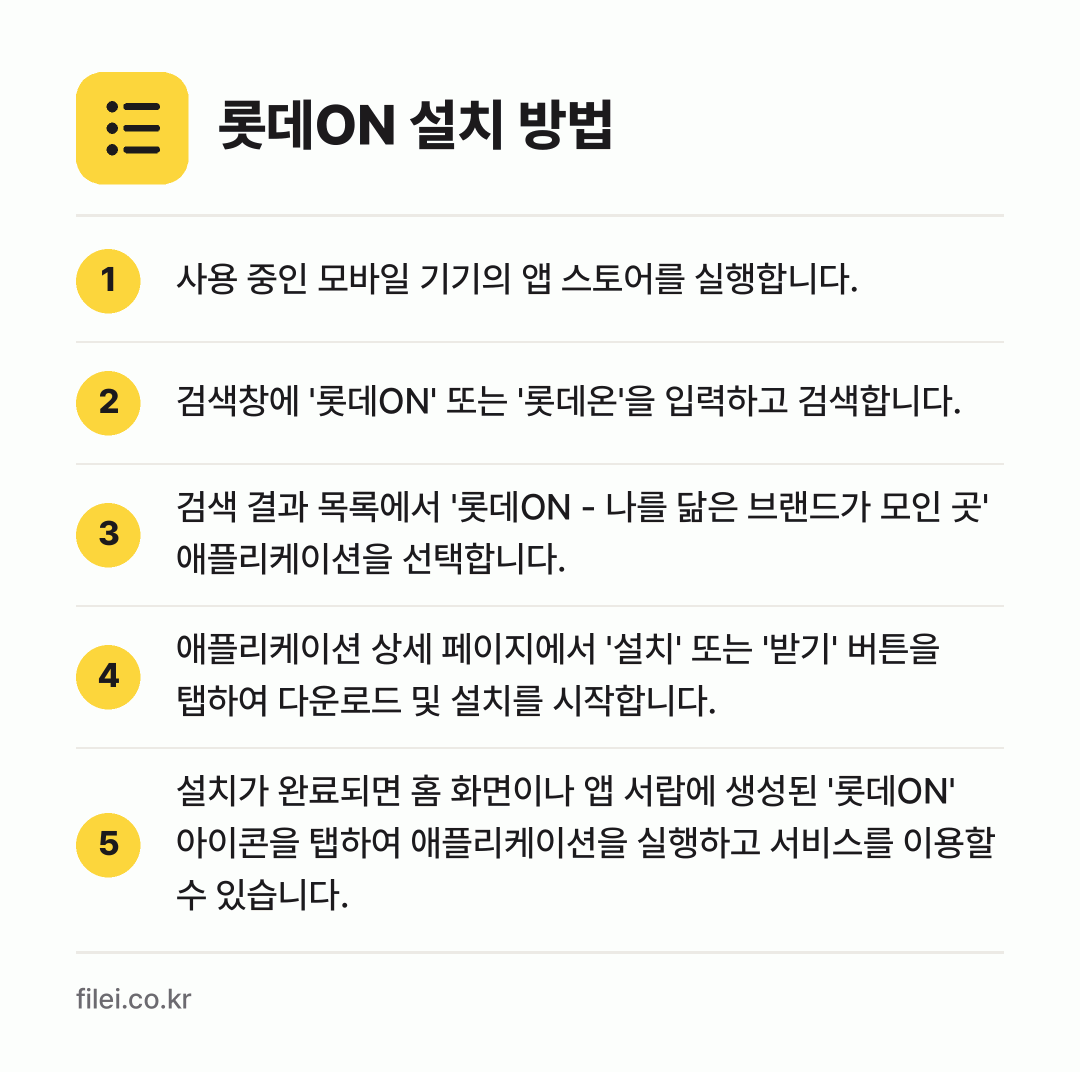 롯데ON 설치 방법: 사용 중인 모바일 기기의 앱 스토어를 실행… → 검색창에 '롯데ON' 또는 '롯데온'을 입… → 검색 결과 목록에서 '롯데ON - 나를 닮… → 애플리케이션 상세 페이지에서 '설치' 또는… → 설치가 완료되면 홈 화면이나 앱 서랍에 생…