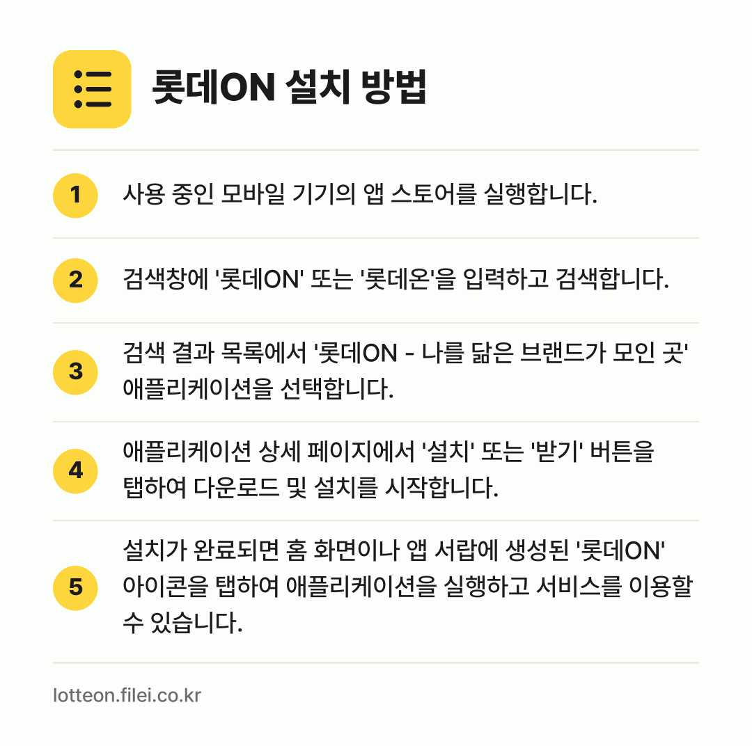 롯데ON 설치 방법: 사용 중인 모바일 기기의 앱 스토어를 실행… → 검색창에 '롯데ON' 또는 '롯데온'을 입… → 검색 결과 목록에서 '롯데ON - 나를 닮… → 애플리케이션 상세 페이지에서 '설치' 또는… → 설치가 완료되면 홈 화면이나 앱 서랍에 생…
