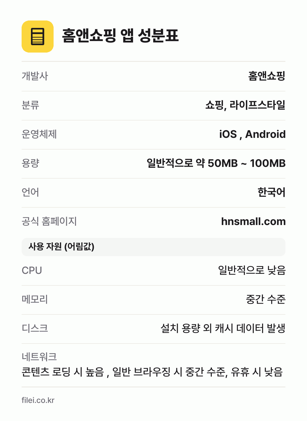 홈앤쇼핑 앱 성분표: 개발사 홈앤쇼핑, 분류 쇼핑, 라이프스타일, 운영체제 iOS , Android, 용량 일반적으로 약 50MB ~ 100MB, 언어 한국어