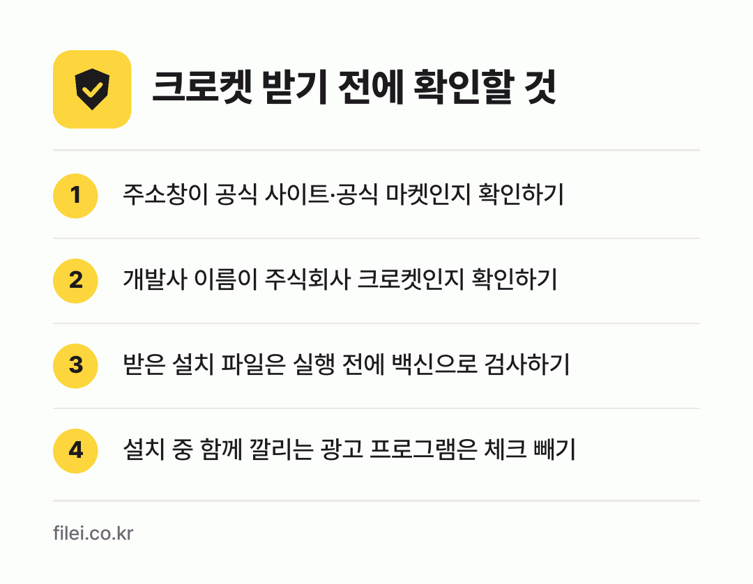 크로켓 받기 전에 확인할 것: 주소창이 공식 사이트·공식 마켓인지 확인하기, 개발사 이름이 주식회사 크로켓인지 확인하기, 받은 설치 파일은 실행 전에 백신으로 검사하기, 설치 중 함께 깔리는 광고 프로그램은 체크 빼기