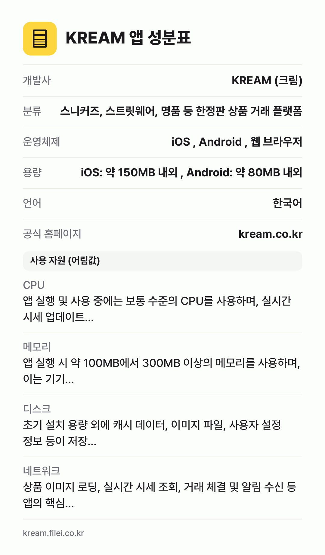 KREAM 앱 성분표: 개발사 KREAM (크림), 분류 스니커즈, 스트릿웨어, 명품 등 한정판 상품 거래 플랫폼, 운영체제 iOS , Android , 웹 브라우저, 용량 iOS: 약 150MB 내외 , Android: 약 80MB 내외, 언어 한국어