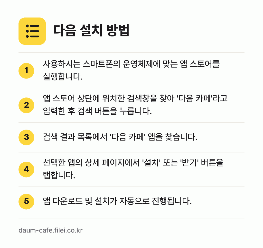 다음 설치 방법: 사용하시는 스마트폰의 운영체제에 맞는 앱… → 앱 스토어 상단에 위치한 검색창을 찾아 '… → 검색 결과 목록에서 '다음 카페' 앱을 찾… → 선택한 앱의 상세 페이지에서 '설치' 또는… → 앱 다운로드 및 설치가 자동으로 진행됩니다.