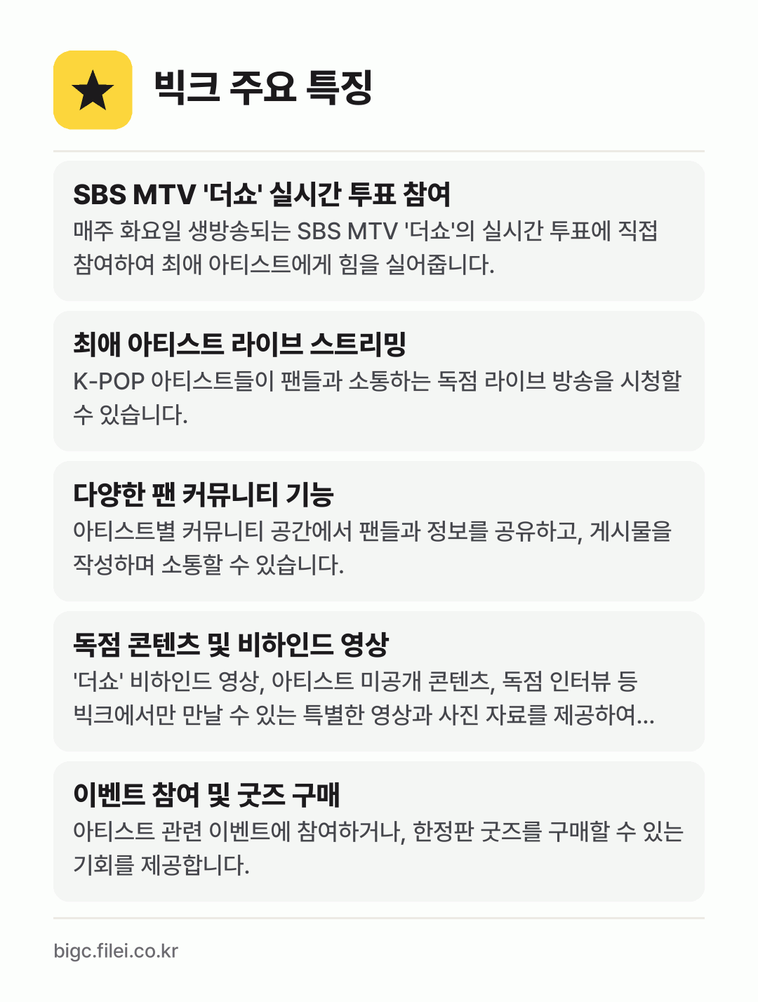 빅크 주요 특징: SBS MTV '더쇼' 실시간 투표 참여, 최애 아티스트 라이브 스트리밍, 다양한 팬 커뮤니티 기능, 독점 콘텐츠 및 비하인드 영상, 이벤트 참여 및 굿즈 구매