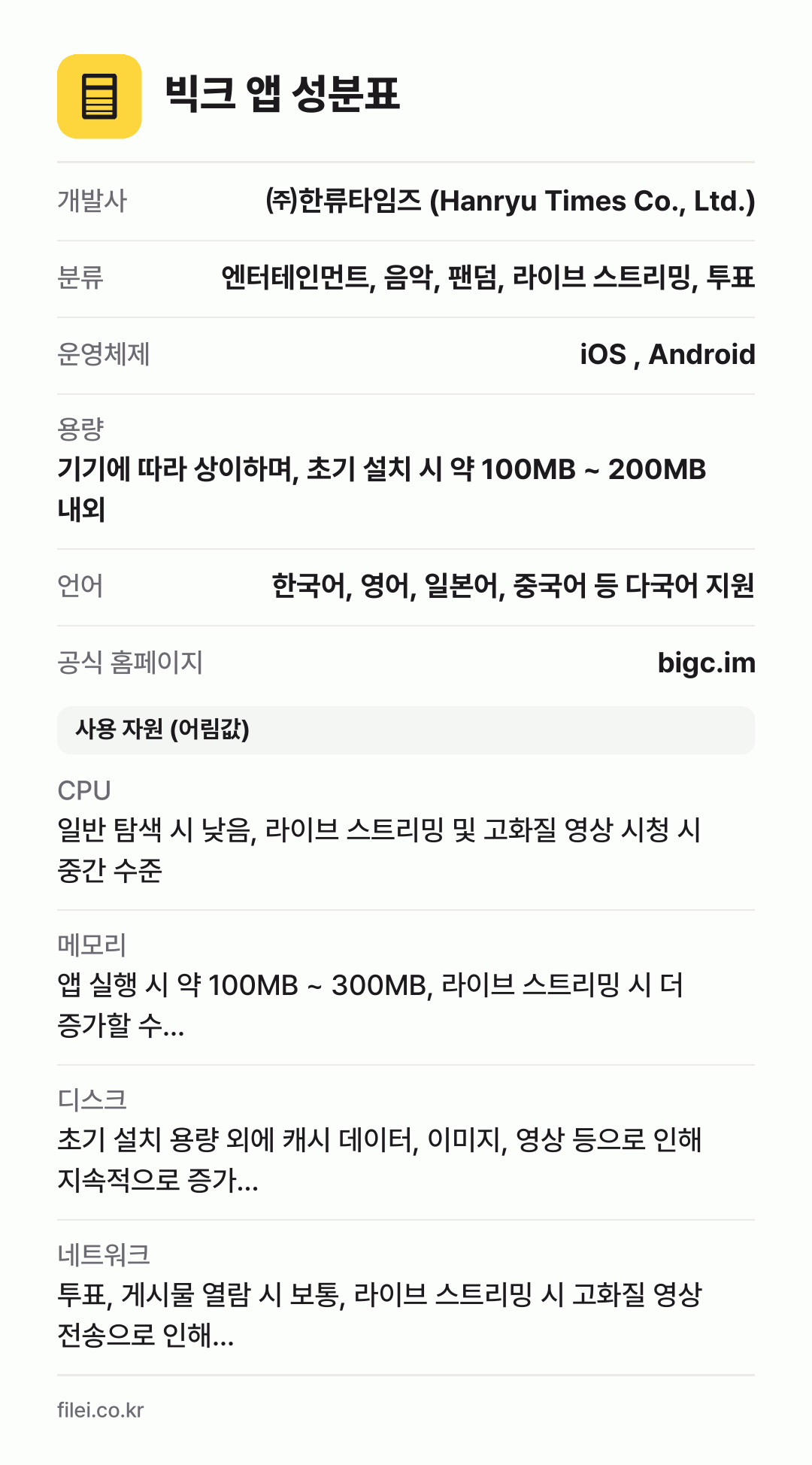 빅크 앱 성분표: 개발사 ㈜한류타임즈 (Hanryu Times Co., Ltd.), 분류 엔터테인먼트, 음악, 팬덤, 라이브 스트리밍, 투표, 운영체제 iOS , Android, 용량 기기에 따라 상이하며, 초기 설치 시 약 100MB ~ 200MB 내외, 언어 한국어, 영어, 일본어, 중국어 등 다국어 지원