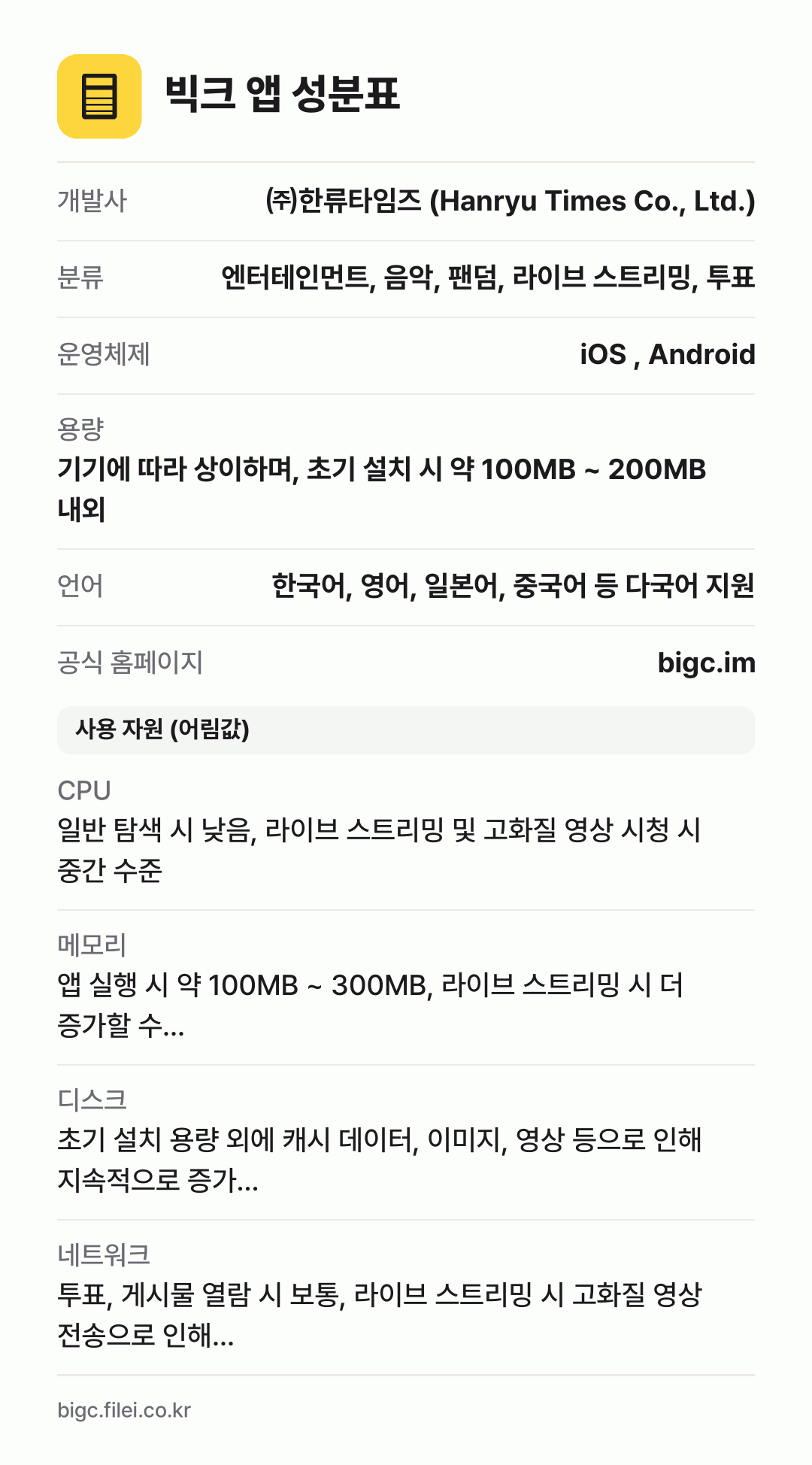 빅크 앱 성분표: 개발사 ㈜한류타임즈 (Hanryu Times Co., Ltd.), 분류 엔터테인먼트, 음악, 팬덤, 라이브 스트리밍, 투표, 운영체제 iOS , Android, 용량 기기에 따라 상이하며, 초기 설치 시 약 100MB ~ 200MB 내외, 언어 한국어, 영어, 일본어, 중국어 등 다국어 지원