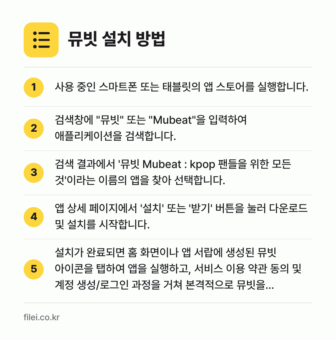 뮤빗 설치 방법: 사용 중인 스마트폰 또는 태블릿의 앱 스토… → 검색창에 "뮤빗" 또는 "Mubeat"을… → 검색 결과에서 '뮤빗 Mubeat : kp… → 앱 상세 페이지에서 '설치' 또는 '받기'… → 설치가 완료되면 홈 화면이나 앱 서랍에 생…