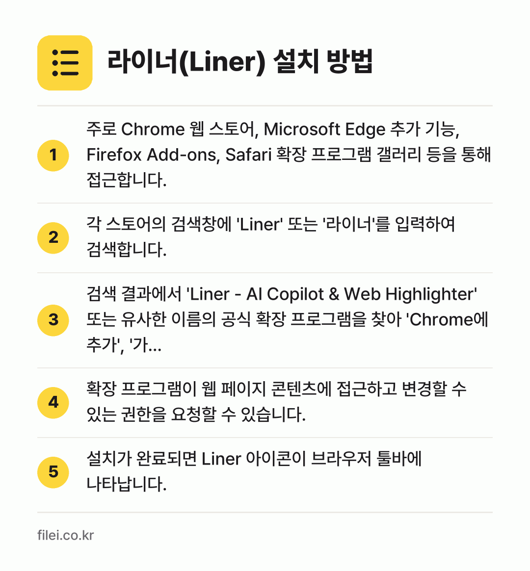 라이너(Liner) 설치 방법: 주로 Chrome 웹 스토어, Micros… → 각 스토어의 검색창에 'Liner' 또는… → 검색 결과에서 'Liner - AI Cop… → 확장 프로그램이 웹 페이지 콘텐츠에 접근하… → 설치가 완료되면 Liner 아이콘이 브라우…