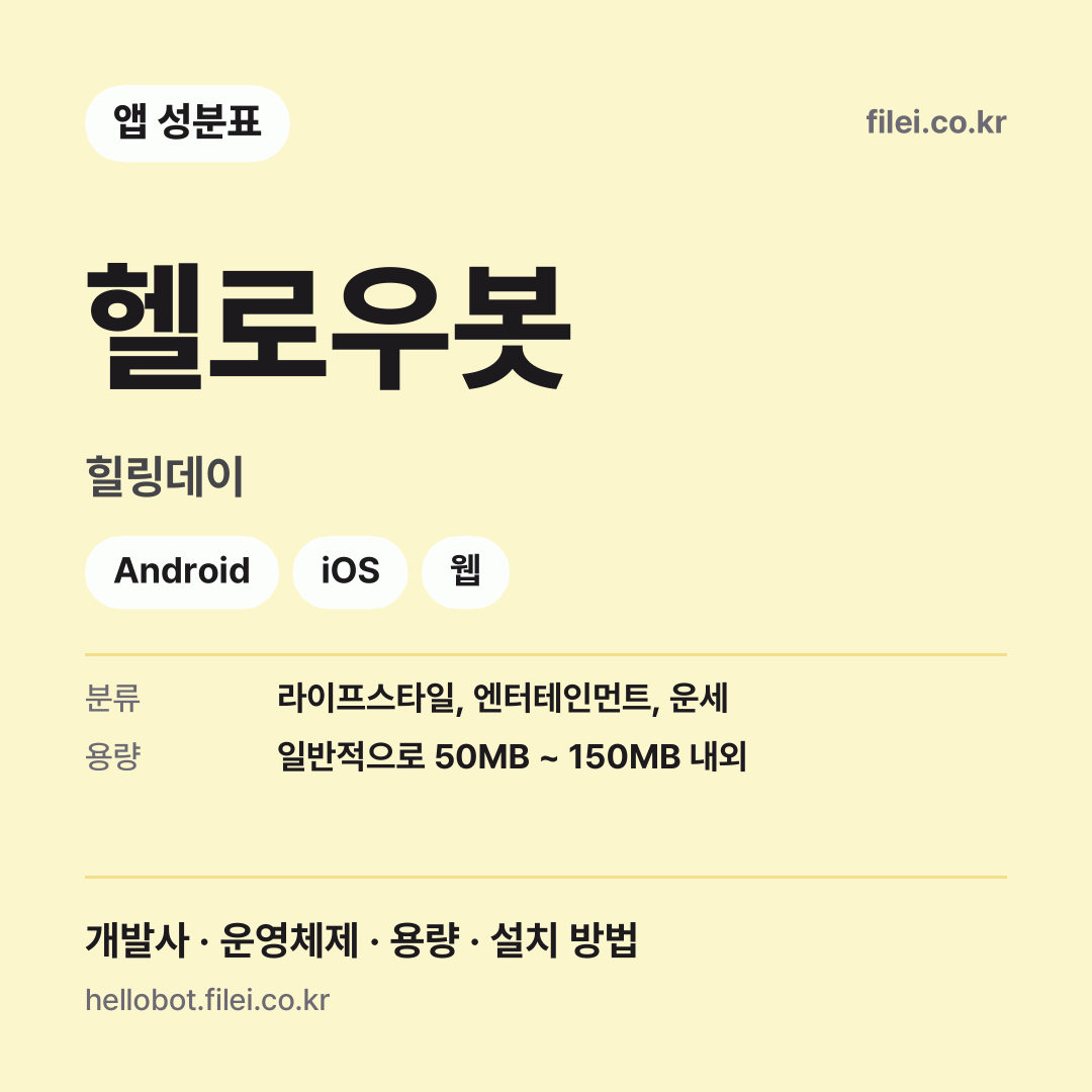 헬로우봇 다운로드 · 힐링데이 · Android, iOS, 웹