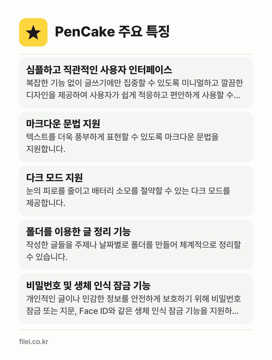 PenCake 주요 특징: 심플하고 직관적인 사용자 인터페이스, 마크다운 문법 지원, 다크 모드 지원, 폴더를 이용한 글 정리 기능, 비밀번호 및 생체 인식 잠금 기능