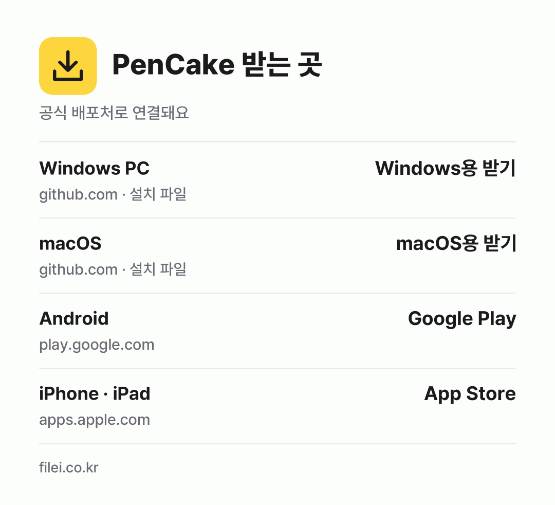 PenCake 받는 곳: Windows PC, macOS, Android, iPhone · iPad
