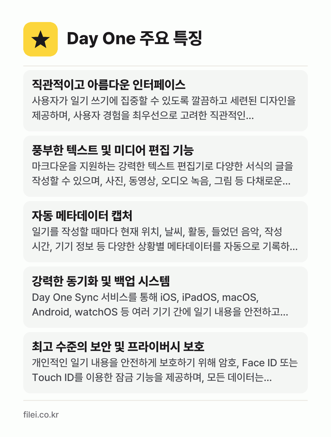 Day One 주요 특징: 직관적이고 아름다운 인터페이스, 풍부한 텍스트 및 미디어 편집 기능, 자동 메타데이터 캡처, 강력한 동기화 및 백업 시스템, 최고 수준의 보안 및 프라이버시 보호
