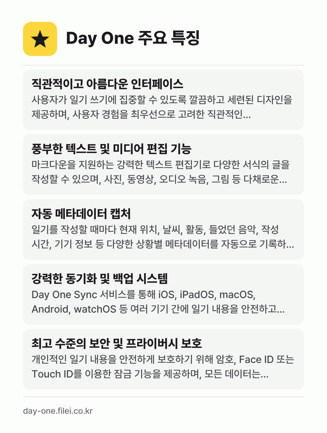 Day One 주요 특징: 직관적이고 아름다운 인터페이스, 풍부한 텍스트 및 미디어 편집 기능, 자동 메타데이터 캡처, 강력한 동기화 및 백업 시스템, 최고 수준의 보안 및 프라이버시 보호