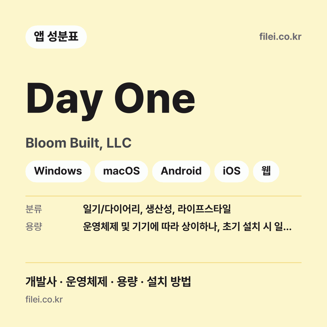 Day One 다운로드 · Bloom Built, LLC · Windows, macOS, Android, iOS, 웹