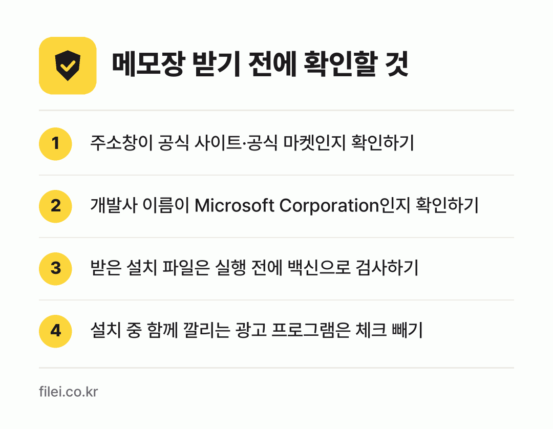 메모장 받기 전에 확인할 것: 주소창이 공식 사이트·공식 마켓인지 확인하기, 개발사 이름이 Microsoft Corporation인지 확인하기, 받은 설치 파일은 실행 전에 백신으로 검사하기, 설치 중 함께 깔리는 광고 프로그램은 체크 빼기
