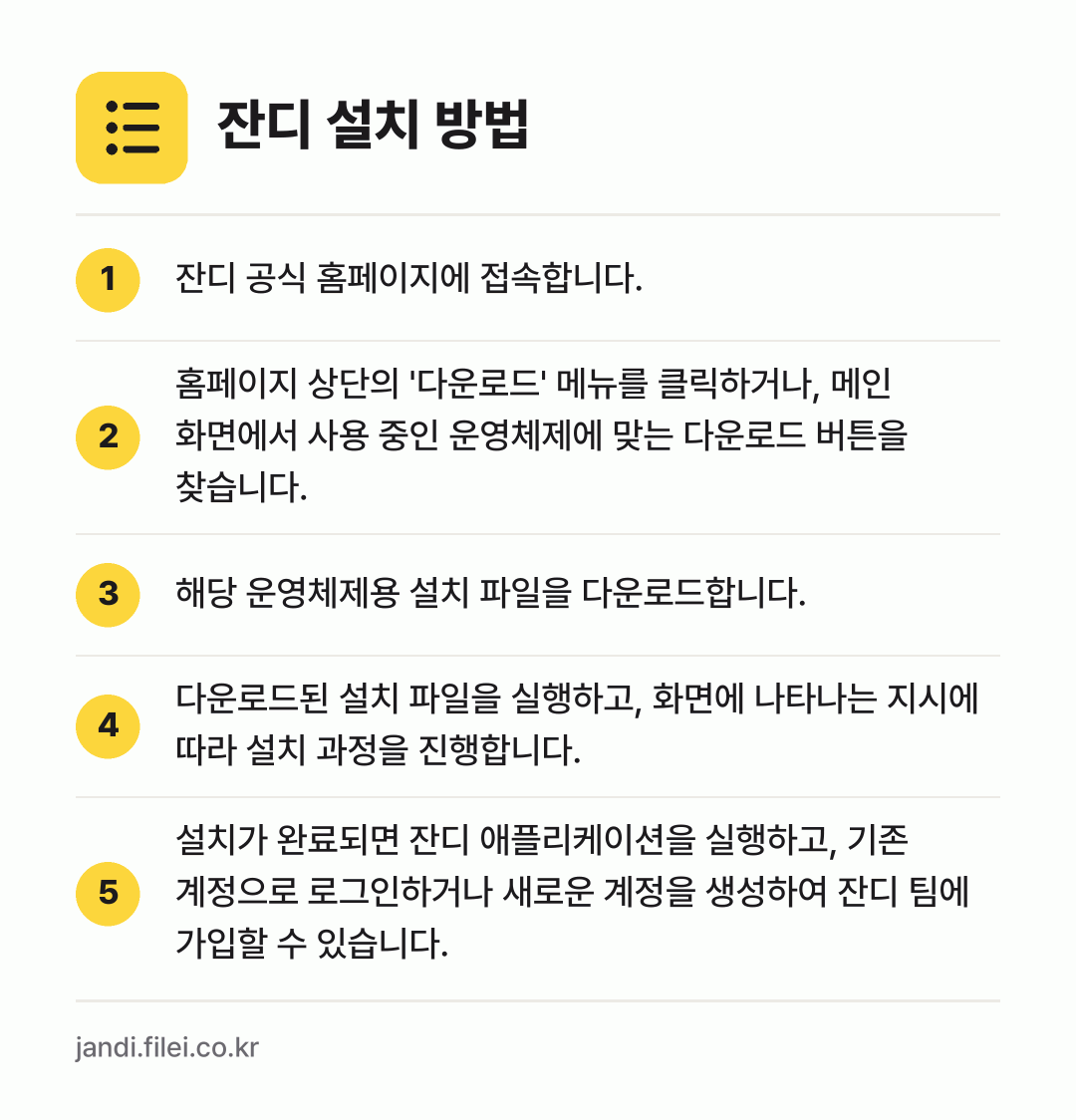 잔디 설치 방법: 잔디 공식 홈페이지에 접속합니다. → 홈페이지 상단의 '다운로드' 메뉴를 클릭하… → 해당 운영체제용 설치 파일을 다운로드합니다. → 다운로드된 설치 파일을 실행하고, 화면에… → 설치가 완료되면 잔디 애플리케이션을 실행하…