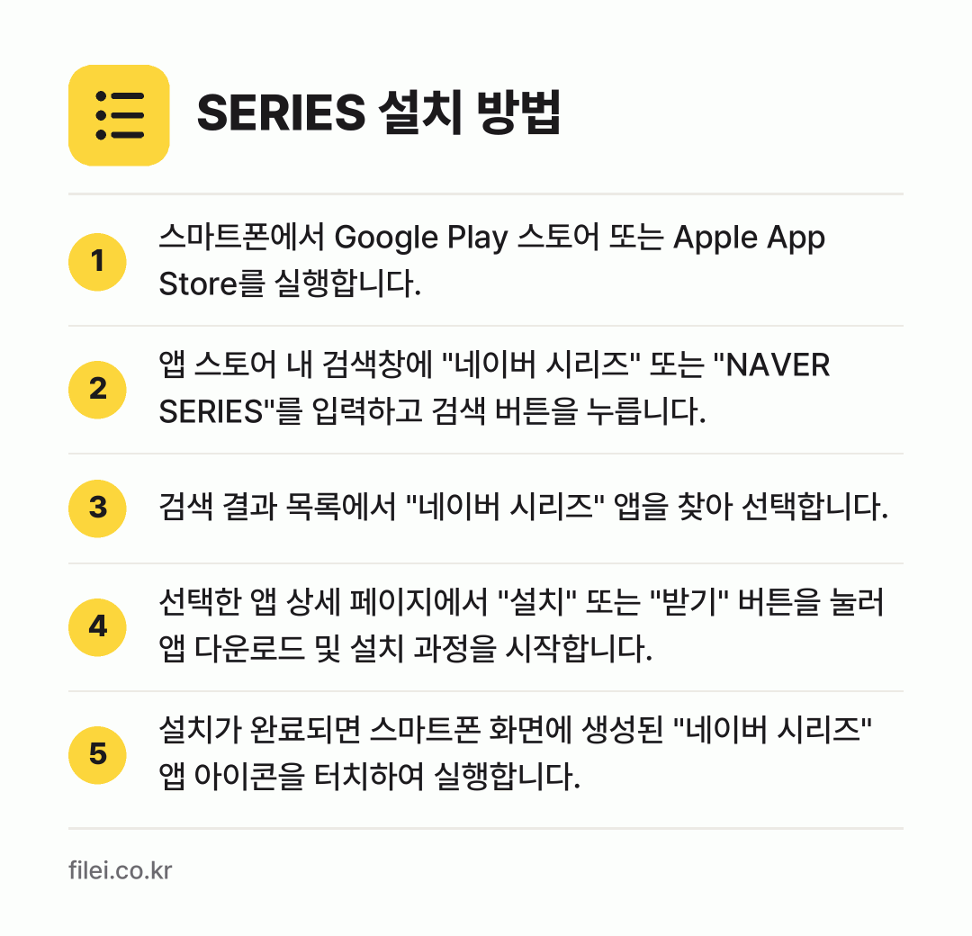SERIES 설치 방법: 스마트폰에서 Google Play 스토어… → 앱 스토어 내 검색창에 "네이버 시리즈"… → 검색 결과 목록에서 "네이버 시리즈" 앱을… → 선택한 앱 상세 페이지에서 "설치" 또는… → 설치가 완료되면 스마트폰 화면에 생성된 "…