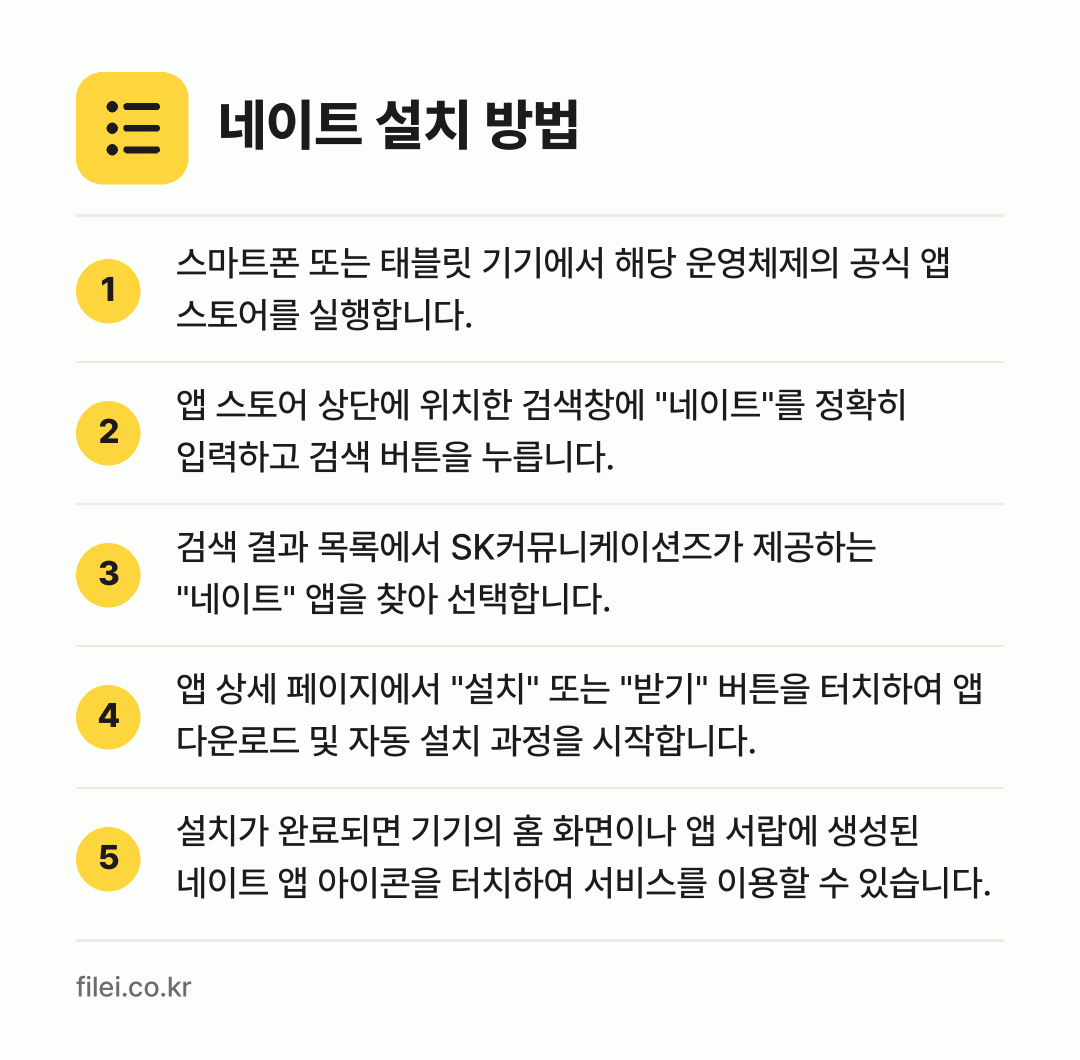 네이트 설치 방법: 스마트폰 또는 태블릿 기기에서 해당 운영체… → 앱 스토어 상단에 위치한 검색창에 "네이트… → 검색 결과 목록에서 SK커뮤니케이션즈가 제… → 앱 상세 페이지에서 "설치" 또는 "받기"… → 설치가 완료되면 기기의 홈 화면이나 앱 서…