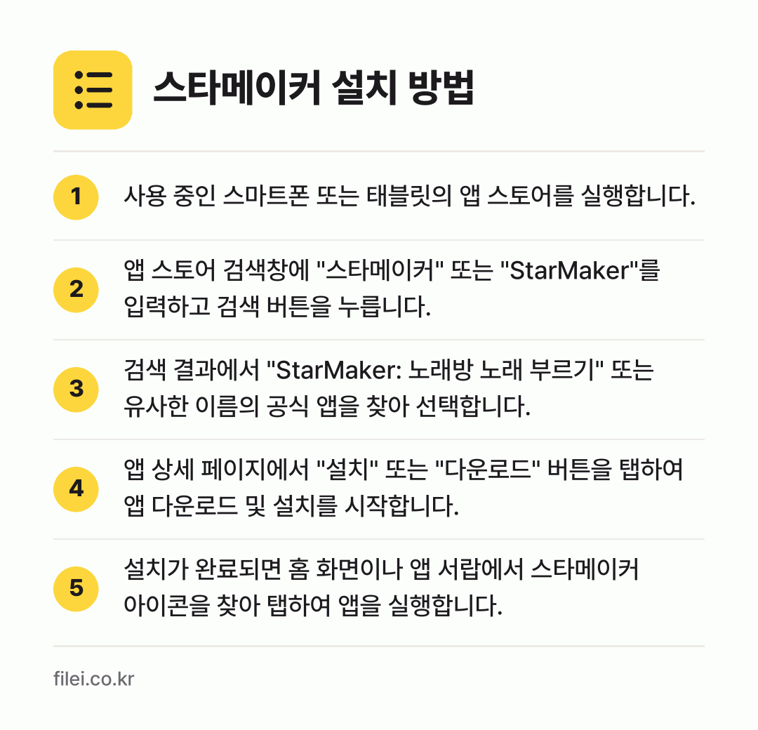 스타메이커 설치 방법: 사용 중인 스마트폰 또는 태블릿의 앱 스토… → 앱 스토어 검색창에 "스타메이커" 또는 "… → 검색 결과에서 "StarMaker: 노래방… → 앱 상세 페이지에서 "설치" 또는 "다운로… → 설치가 완료되면 홈 화면이나 앱 서랍에서…