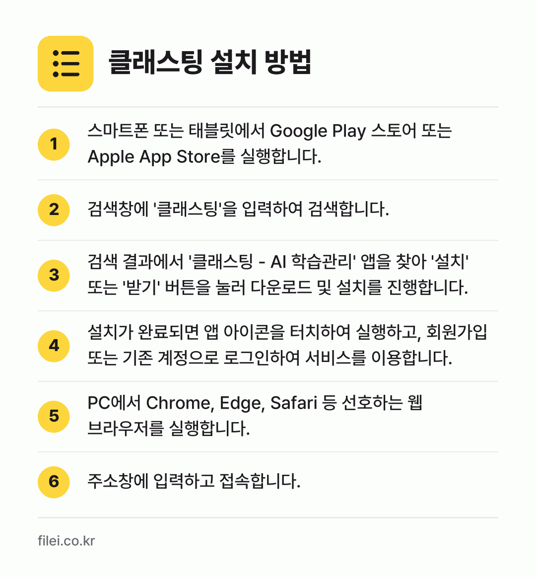 클래스팅 설치 방법: 스마트폰 또는 태블릿에서 Google Pl… → 검색창에 '클래스팅'을 입력하여 검색합니다. → 검색 결과에서 '클래스팅 - AI 학습관리… → 설치가 완료되면 앱 아이콘을 터치하여 실행… → PC에서 Chrome, Edge, Safa… → 주소창에 입력하고 접속합니다.