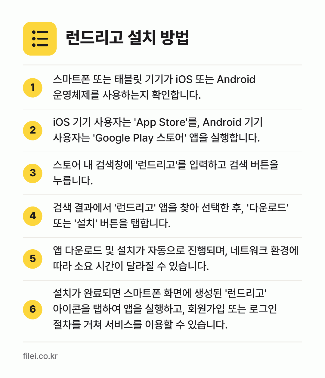 런드리고 설치 방법: 스마트폰 또는 태블릿 기기가 iOS 또는… → iOS 기기 사용자는 'App Store'… → 스토어 내 검색창에 '런드리고'를 입력하고… → 검색 결과에서 '런드리고' 앱을 찾아 선택… → 앱 다운로드 및 설치가 자동으로 진행되며,… → 설치가 완료되면 스마트폰 화면에 생성된 '…