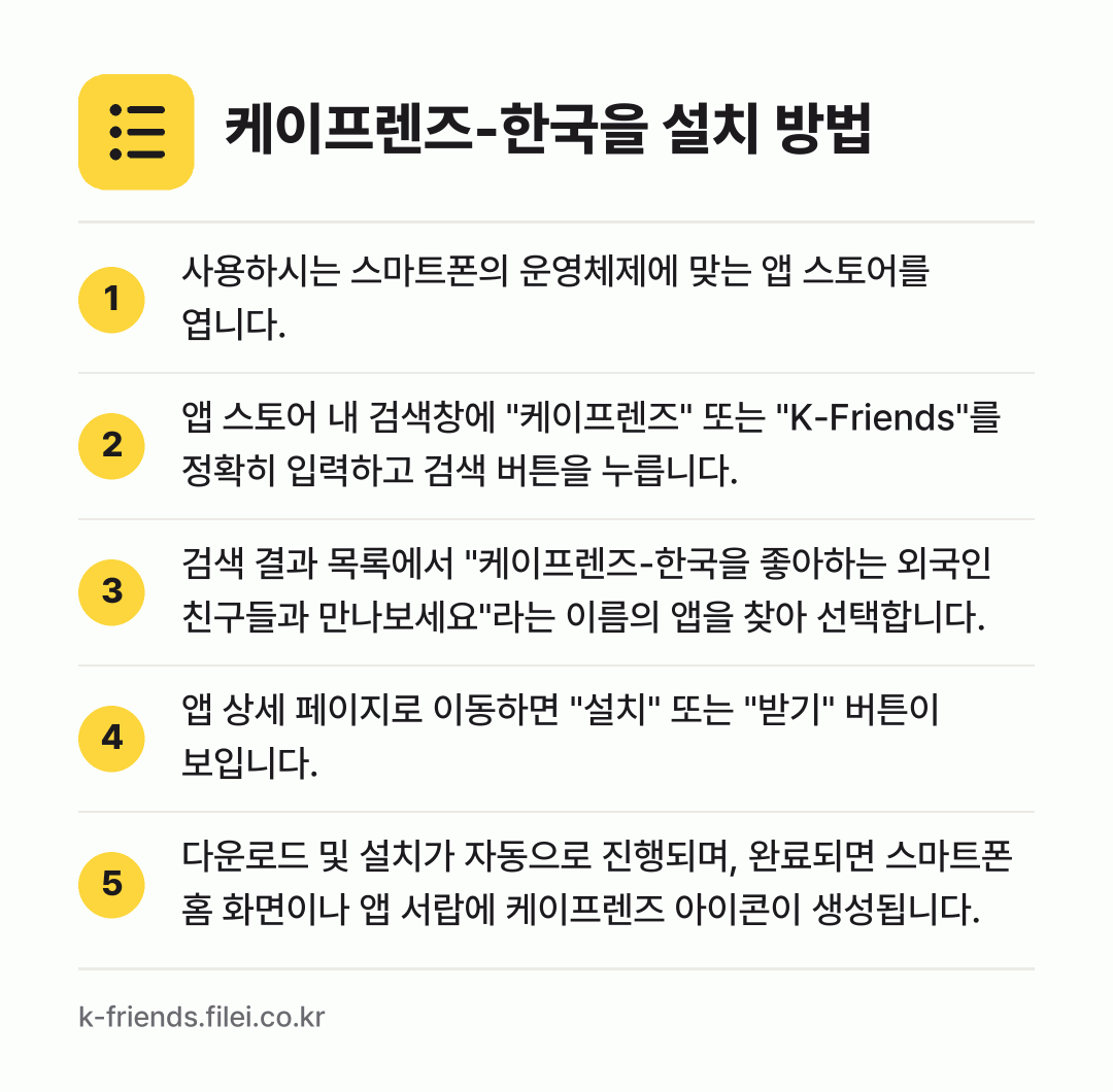 케이프렌즈-한국을 설치 방법: 사용하시는 스마트폰의 운영체제에 맞는 앱… → 앱 스토어 내 검색창에 "케이프렌즈" 또는… → 검색 결과 목록에서 "케이프렌즈-한국을 좋… → 앱 상세 페이지로 이동하면 "설치" 또는… → 다운로드 및 설치가 자동으로 진행되며, 완…