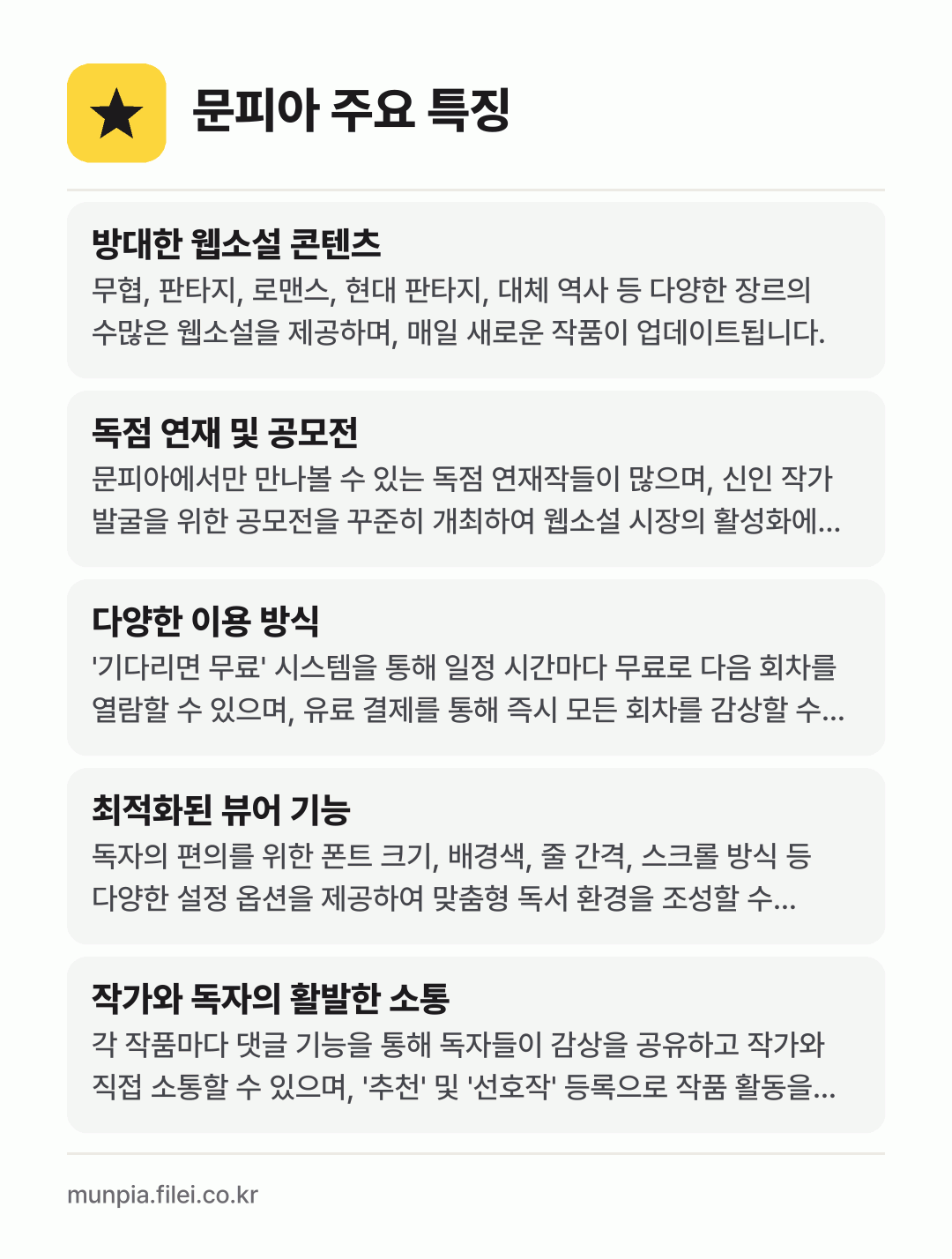 문피아 주요 특징: 방대한 웹소설 콘텐츠, 독점 연재 및 공모전, 다양한 이용 방식, 최적화된 뷰어 기능, 작가와 독자의 활발한 소통