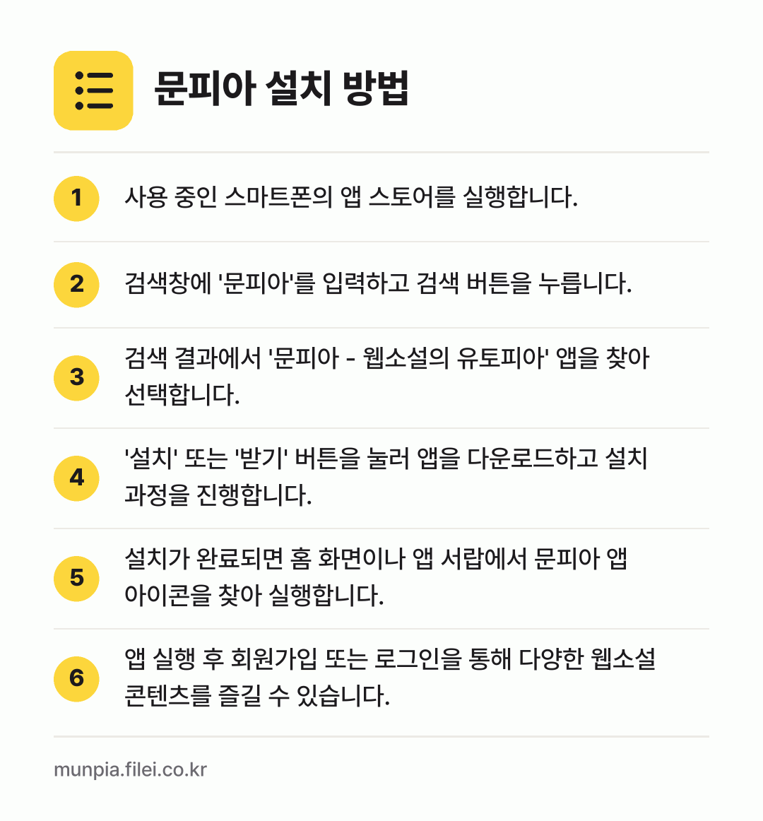 문피아 설치 방법: 사용 중인 스마트폰의 앱 스토어를 실행합니… → 검색창에 '문피아'를 입력하고 검색 버튼을… → 검색 결과에서 '문피아 - 웹소설의 유토피… → '설치' 또는 '받기' 버튼을 눌러 앱을… → 설치가 완료되면 홈 화면이나 앱 서랍에서… → 앱 실행 후 회원가입 또는 로그인을 통해…