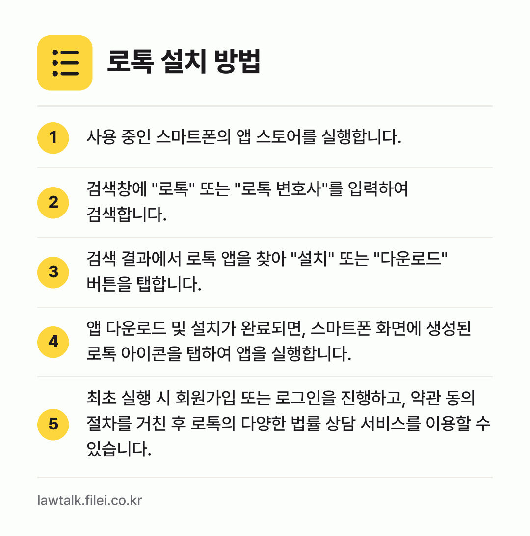로톡 설치 방법: 사용 중인 스마트폰의 앱 스토어를 실행합니… → 검색창에 "로톡" 또는 "로톡 변호사"를… → 검색 결과에서 로톡 앱을 찾아 "설치" 또… → 앱 다운로드 및 설치가 완료되면, 스마트폰… → 최초 실행 시 회원가입 또는 로그인을 진행…