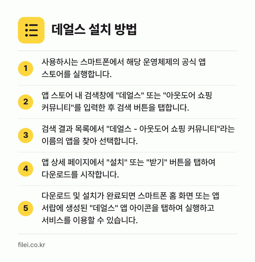 데얼스 설치 방법: 사용하시는 스마트폰에서 해당 운영체제의 공… → 앱 스토어 내 검색창에 "데얼스" 또는 "… → 검색 결과 목록에서 "데얼스 - 아웃도어… → 앱 상세 페이지에서 "설치" 또는 "받기"… → 다운로드 및 설치가 완료되면 스마트폰 홈…