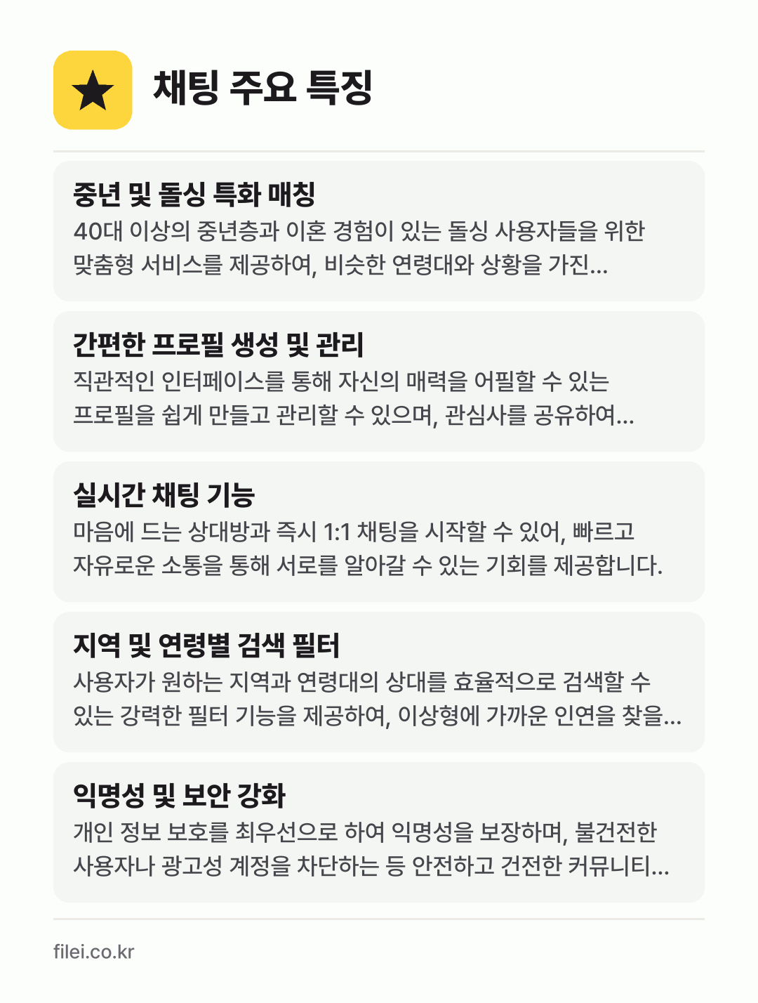 채팅 주요 특징: 중년 및 돌싱 특화 매칭, 간편한 프로필 생성 및 관리, 실시간 채팅 기능, 지역 및 연령별 검색 필터, 익명성 및 보안 강화