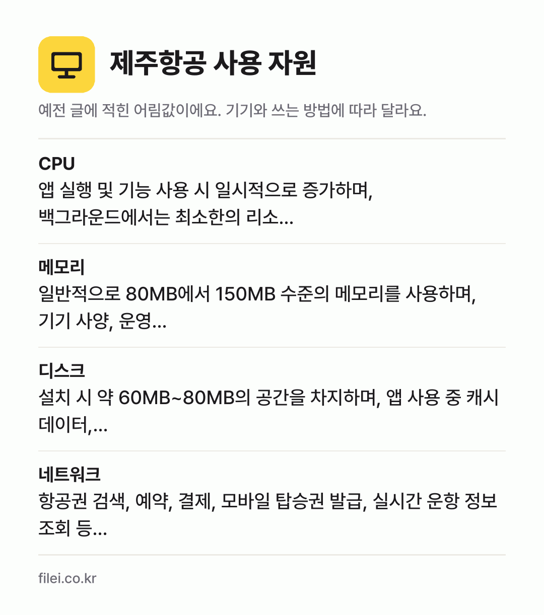제주항공 사용 자원 어림값: CPU 앱 실행 및 기능 사용 시 일시적으로 증가하며, 백그라운드에서는 최소한의 리소…, 메모리 일반적으로 80MB에서 150MB 수준의 메모리를 사용하며, 기기 사양, 운영…, 디스크 설치 시 약 60MB~80MB의 공간을 차지하며, 앱 사용 중 캐시 데이터,…, 네트워크 항공권 검색, 예약, 결제, 모바일 탑승권 발급, 실시
